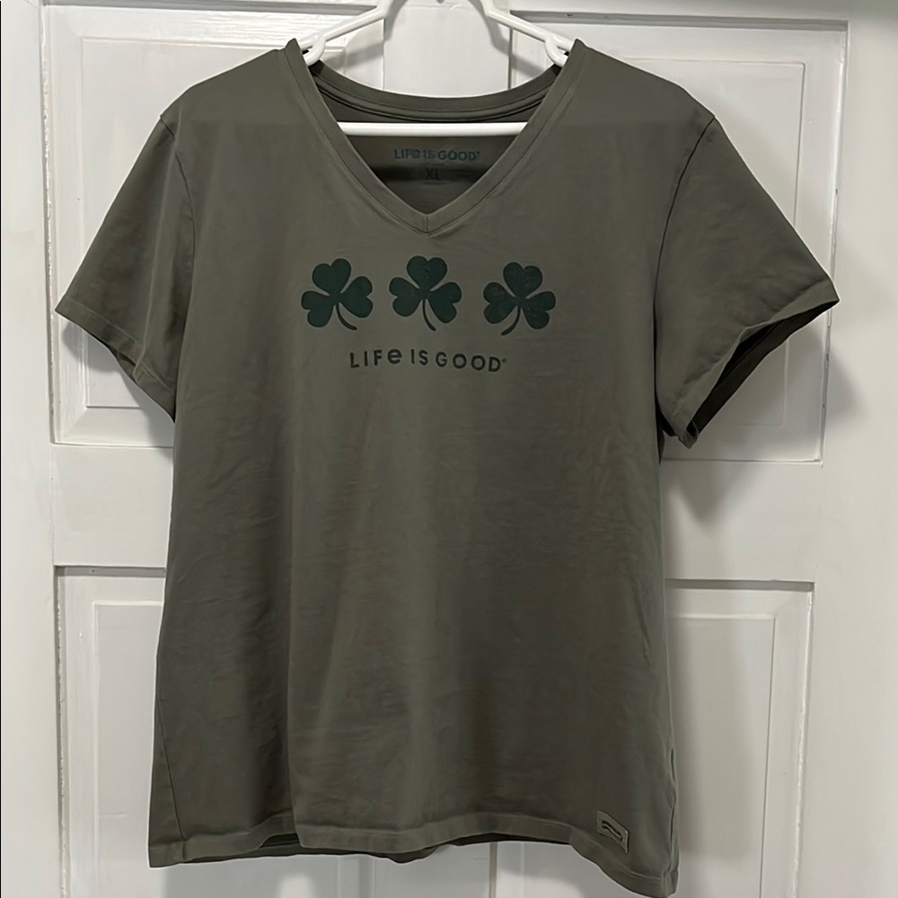 Life is Good Army Green T-Shirt with Shamrock Design